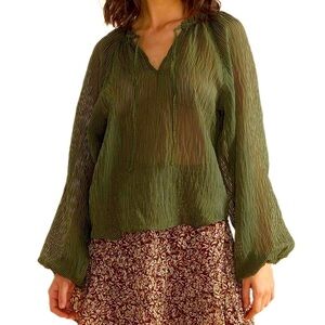 NWT Nerang Poets‎ Blouse Khaki Striped Balloon Sleeves Size Small MSRP $112